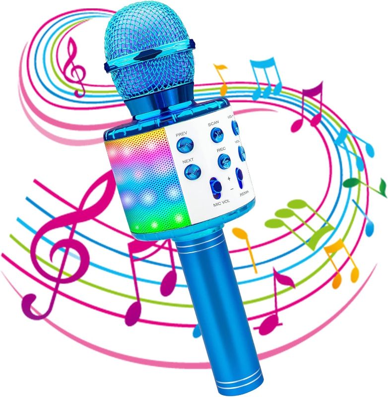 Photo 1 of Icnice Wireless Bluetooth Karaoke Microphone, 5-in-1 Portable Handheld Karaoke Mic Speaker with Flashing Light for Singing Compatible with TV/Phone/PC Karaoke Machine (Blue)