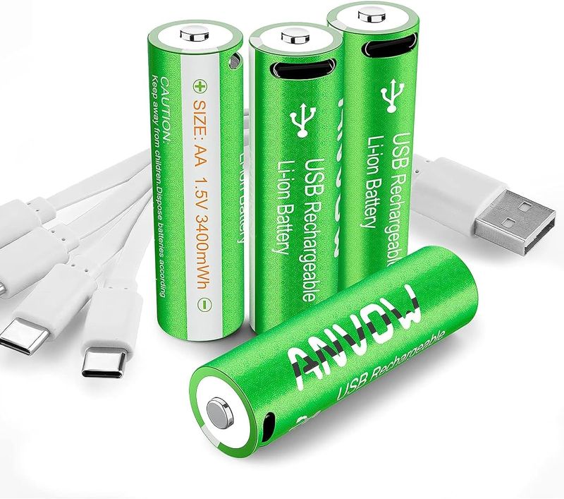 Photo 1 of ANVOW USB AA Rechargeable Batteries, USB AA Battery Lithium 1.5V 3400mWh Performance All-Purpose Pre-Charged Double A Battery with 4-in-1 Charging Cable, 4 Coun