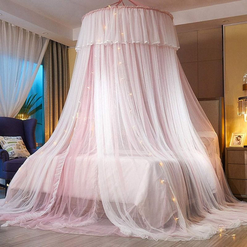 Photo 1 of VETHIN Princess Bed Canopy for Girls,Bed Canopy Curtain- Double Layer Sheer Mesh Dome Bed Curtain- Round Lace Princess Mosquito Net Tent for Twin Full Queen King Bed (Pink/White)