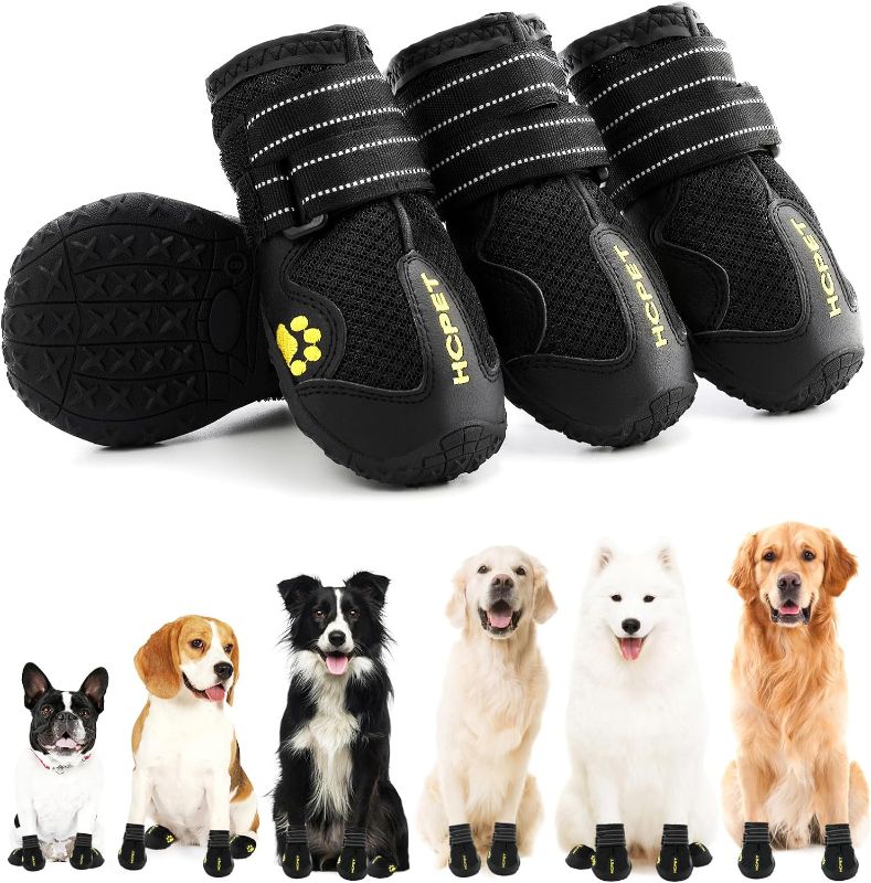Photo 1 of Hcpet Dog Shoes, Dog Boots for Large Dogs, Waterproof Dog Booties Paw Protector for Summer Hot Pavement, Winter Snowy Day, Outdoor Walking, Indoor Hardfloors Anti Slip Sole Black Size 4