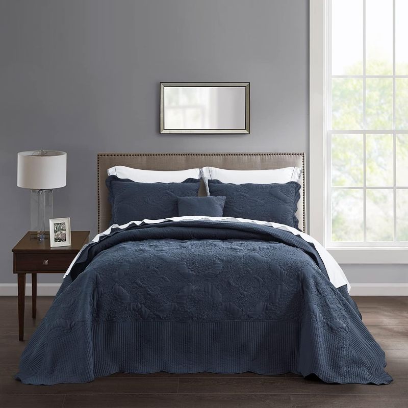 Photo 1 of HZ & HY Oversized King Bedspread, Quilted Coverlet Bedding Set, Lightweight Thin Comforter, Reversible, 5 Piece, 100% Microfiber, King/Cal King, Navy Blue