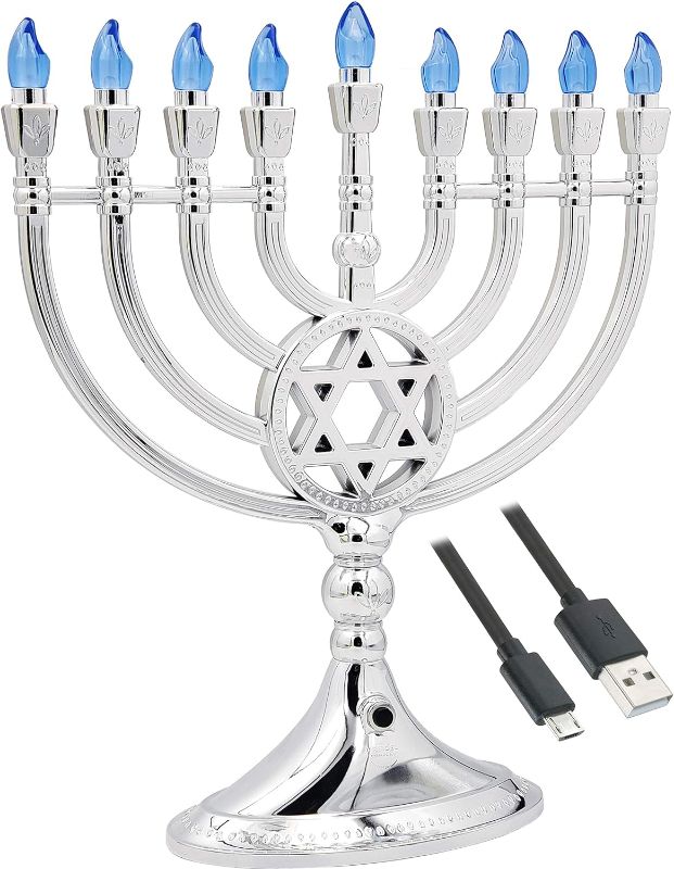 Photo 1 of The Dreidel Company Traditional LED Electric Silver Hanukkah Menorah - Battery or USB Powered - Includes a Micro USB 4' Charging Cable
