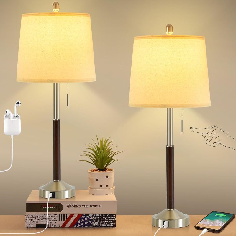 Photo 1 of Table Lamps for Nightstand Set of 2, Modern Bedside Lamps with USB Ports and Outlets, Pull Chain Beside Table Lamp for Bedroom with Linen Fabric Shade, Bedside Lamp for Living Room?Bulbs included?