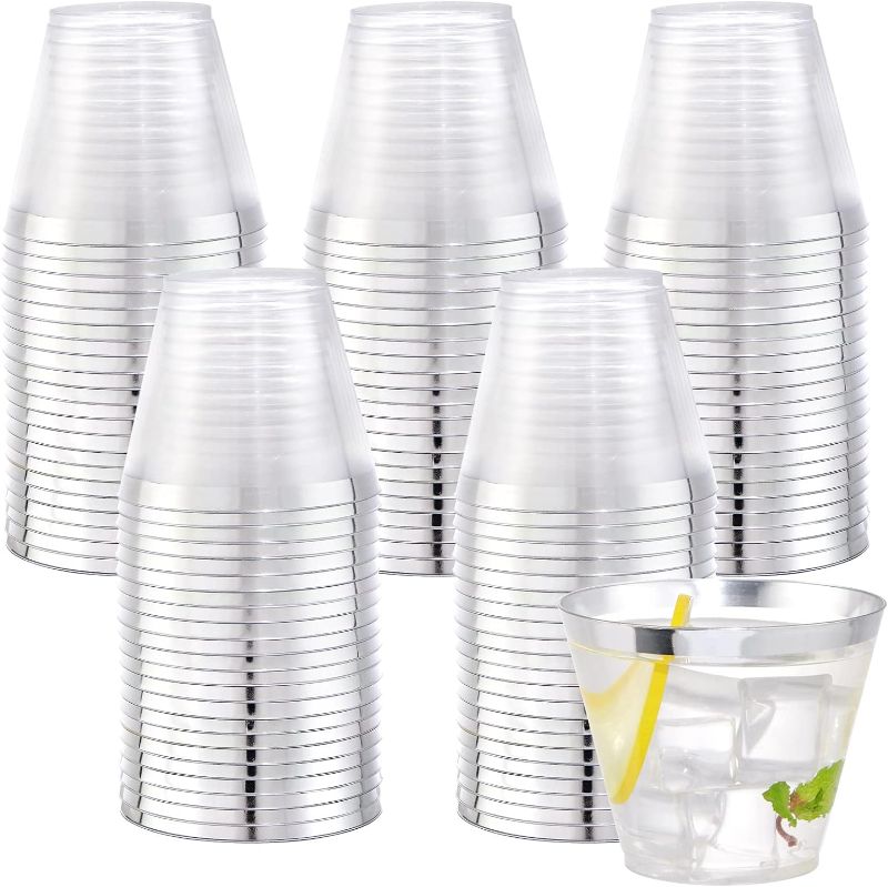 Photo 1 of WELLIFE 240 PCS Silver Plastic Cups,9 oz Clear Plastic Cups Tumblers, Elegant Silver Rimmed Plastic Cups, Disposable Cups with Silver Rim Perfect for Wedding and Party
