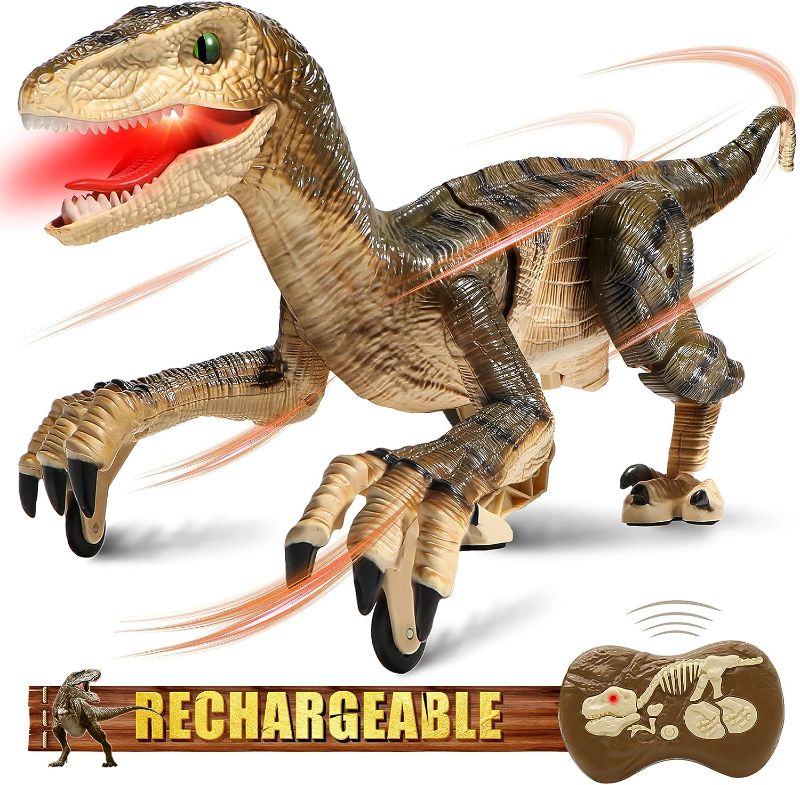 Photo 1 of Hot Bee Remote Control Robot Dinosaur Toys for Kids 4-12, Realistic 18.6" Jurassic Velociraptor Toys w/Light, Roars & Shaking Head, Tail Wagging - RC Walking Dinosaur for Boys Gifts