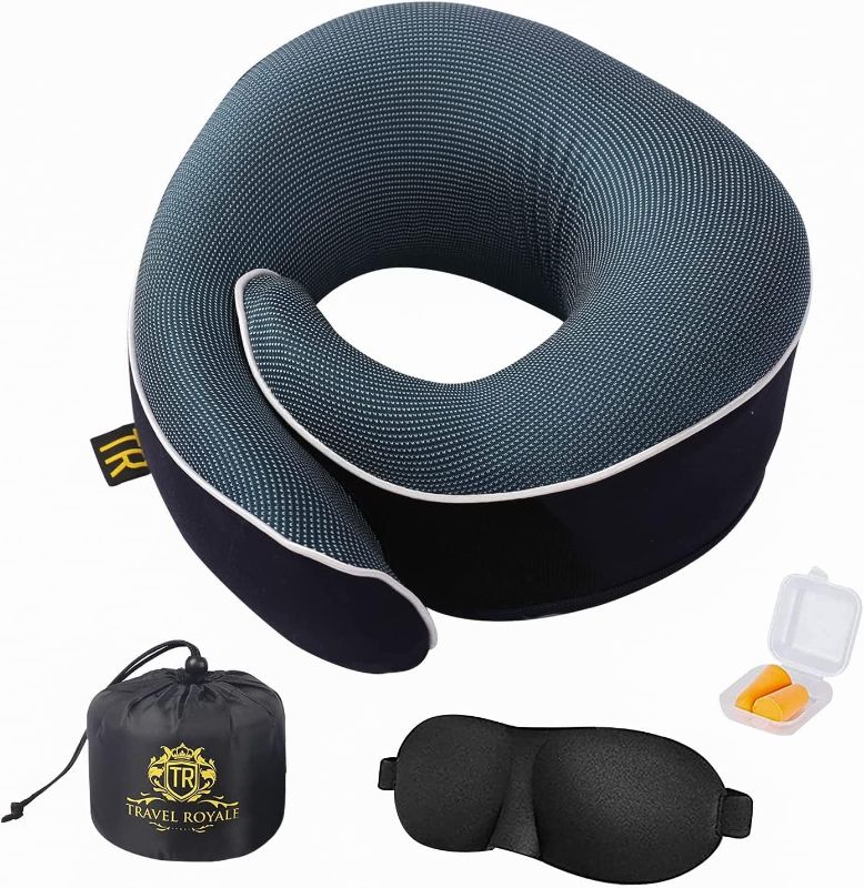 Photo 1 of Travel Royale Neck Pillow Head, Chin, Neck 360° Support Pillow Adjustable 100% Pure Memory Foam Pillow for Airplanes, Car & Home, Ergonomic Design Full Neck Surround Bundle Eyecover & Earplugs (Navy)