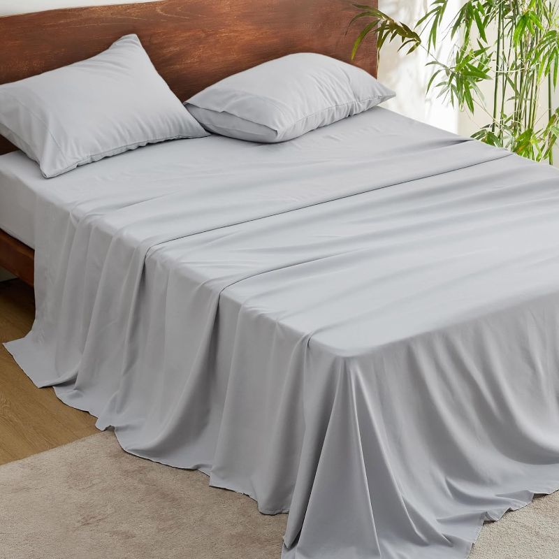Photo 1 of Bedsure Cooling Sheets for Queen Size Bed Set, Polyester & Rayon Derived from Bamboo, Breathable & Wrinkle Free, Silky Soft with 16 Inch Deep Pocket Bed Sheets - Grey