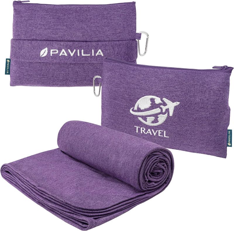 Photo 1 of PAVILIA Soft Compact Travel Blanket and Pillow, Foldable Airplane Blanket in Bag, Lightweight Portable Flight Blanket Set with Luggage Strap, Camping Plane Car Home Office Gift Accessories, Purple