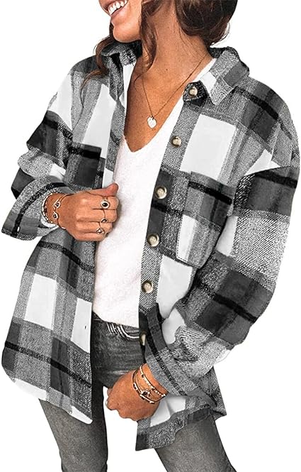 Photo 1 of SHEWIN Womens Long Sleeve Plaid Shirts Flannel Lapel Button Down Shacket Jacket Coats
size 2xl