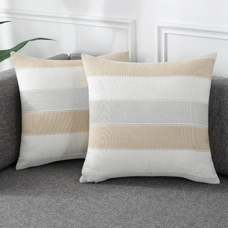 Photo 1 of AmHoo Pack of 2 Farmhouse Stripe Check Throw Pillow Covers Set Case Cotton Linen Decorative Pillowcases Cushion Cover for Couch Bench Sofa 18x18Inch Linen Grey