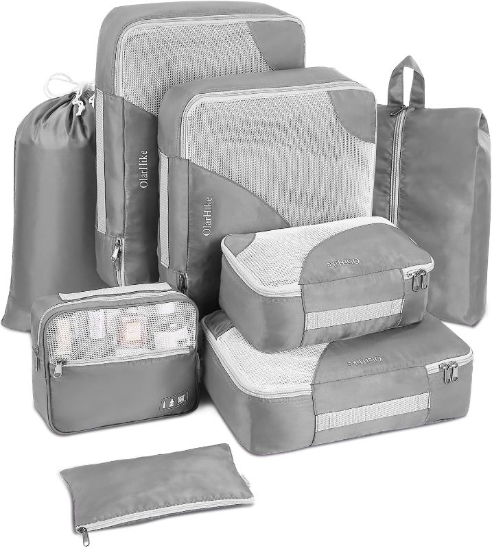 Photo 1 of OlarHike 8 Set Packing Cubes for Travel, Luggage Organizer Bags for Travel Accessories Travel Essentials, Travel Cubes for Carry on Suitcases (Ash Grey)