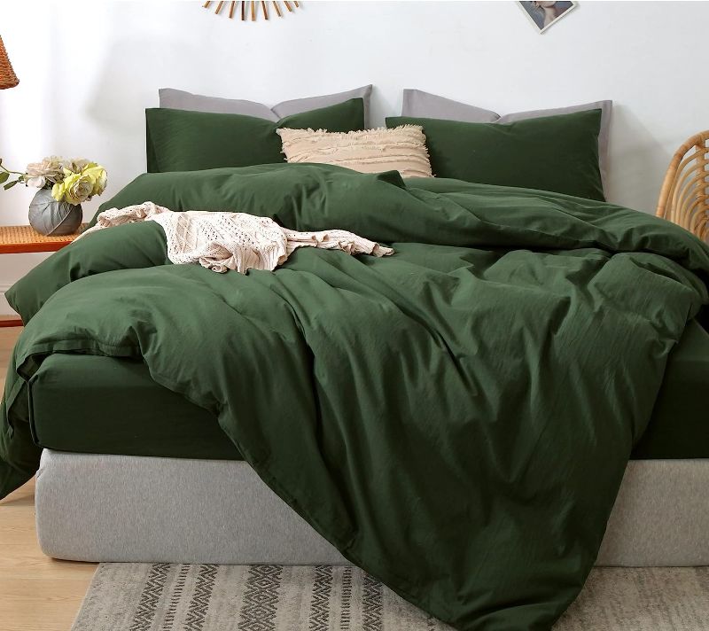 Photo 1 of MooMee Bedding Duvet Cover Set 100% Washed Cotton Linen Like Textured Breathable Durable Soft Comfy (Forest Green, King)