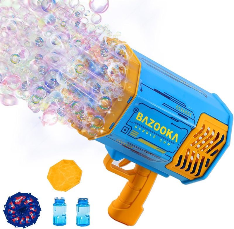 Photo 1 of Bubble Gun Bazooka Bubble Machine Gun 69 Hole Bubble Blaster Blower with Colored Lights Gifts for Kids Adults Outdoor Best TIK Tok Toys for Wedding Birthday Party Blue