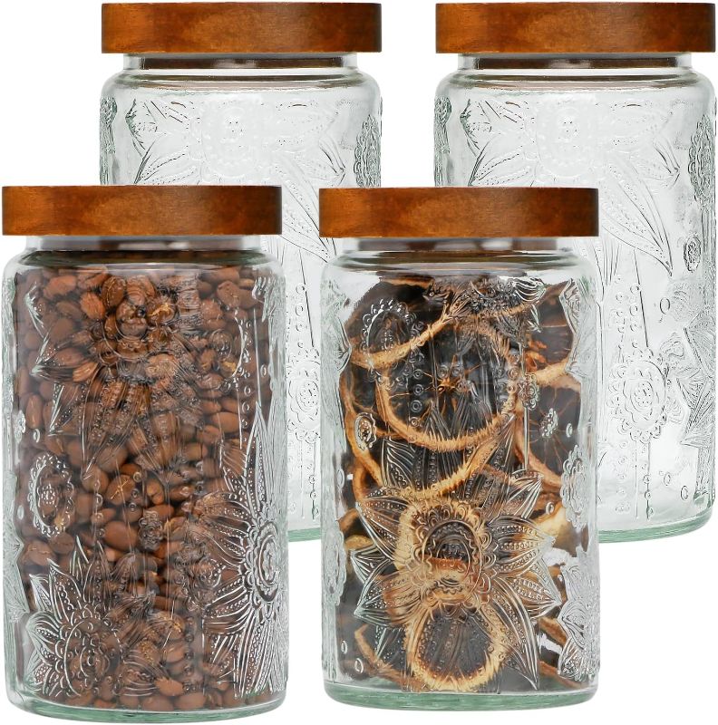 Photo 1 of Brajttt Glass Jar 32oz,Set of 4 Jar with Lid,Airtight Glass Storage Jar with Wooden Lid, Glass Food Storage Containers for Kitchen Counter, Pantry, Coffee, Tea, Sugar, Cookie, Candy