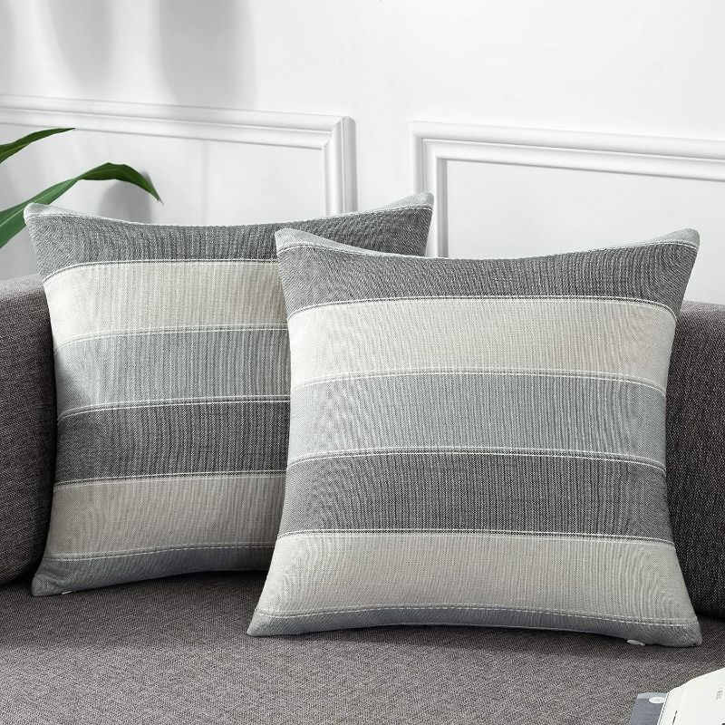 Photo 1 of AmHoo Pack of 2 Farmhouse Stripe Check Throw Pillow Covers Set Case Cotton Linen Decorative Pillowcases Cushion Cover for Couch Bench Sofa 18x18Inch Dark Grey Beige