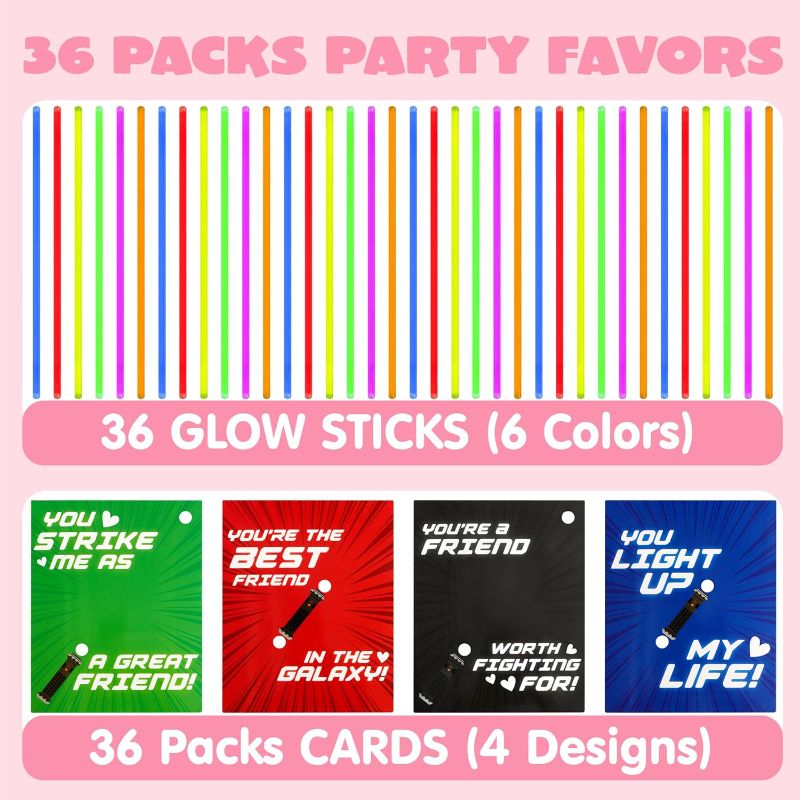 Photo 2 of JOYIN 36 Packs Neon Valentines Day Gift Cards with Glow Sticks for kids,Valentine Classroom Exchange Cards,Valentine cards for kids classroom,Valentines day cards for kids school Prize,Party Favor