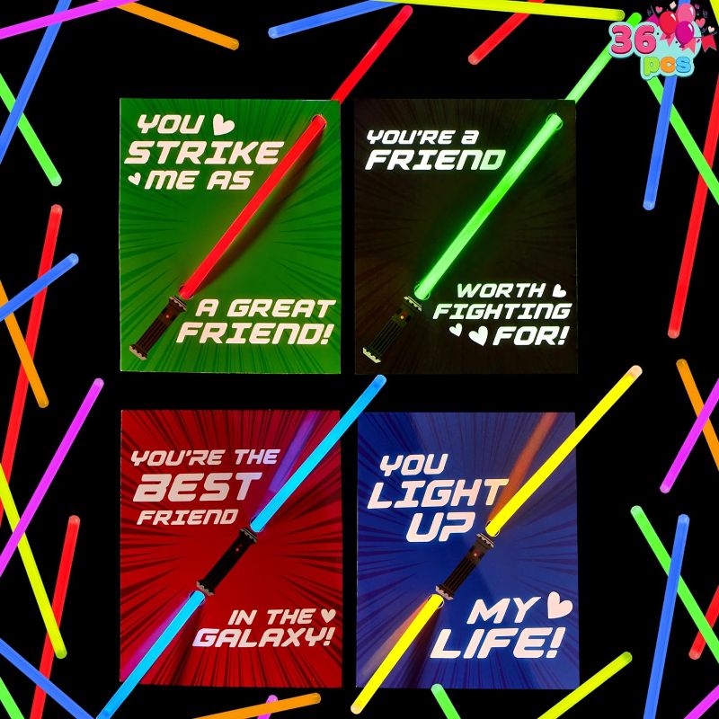 Photo 1 of JOYIN 36 Packs Neon Valentines Day Gift Cards with Glow Sticks for kids,Valentine Classroom Exchange Cards,Valentine cards for kids classroom,Valentines day cards for kids school Prize,Party Favor
