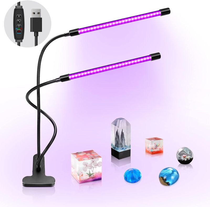 Photo 1 of LED UV Light Dual Head with USB, 395nm-405nm Dimmable UV Light with Clip, Glow in The Dark, 20W Black Lamp for Party, Stage, UV Glue Curing Resin Paint, Collection, Aquarium