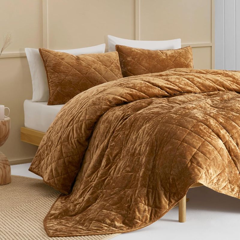 Photo 1 of SHALALA NEW YORK Velvet Comforter Queen,Striped Bedding Set,Lightweight Comforters,Luxurious Cozy Warm Bedspread Coverlet with Soft Brushed Microfiber Back for All Season(Caramel Gold,Full/Queen) D-caramel Gold Full/Queen