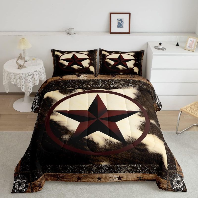 Photo 1 of Rustic Cow Print Bedding Sets Queen,Vintage Western Texas Star Comforter Set for Women Men,Cowhide Bull Cattle Fur Duvet Insert Home Room Decor,Farm Animal Down Comforter with 2 Pillow Shams Warm