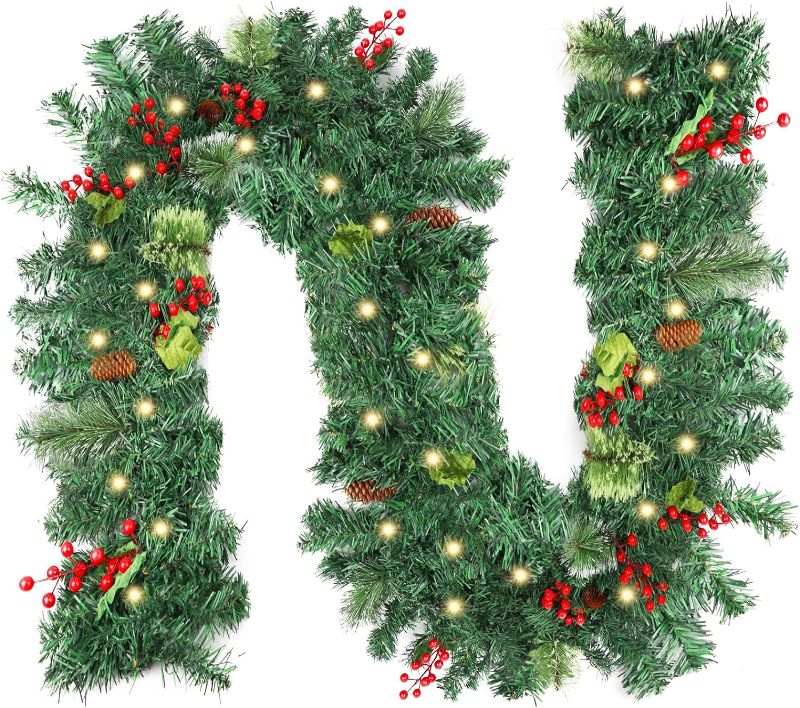 Photo 1 of LOMIMOS 9FT Christmas Lighted Artificial Garland, Xmas Battery Operated Green Rattan with 50 Lights Pine Cones Red Berries for Fireplace Stair Mantle Indoor Outdoor Home Fireplace Porch Decoration(B)