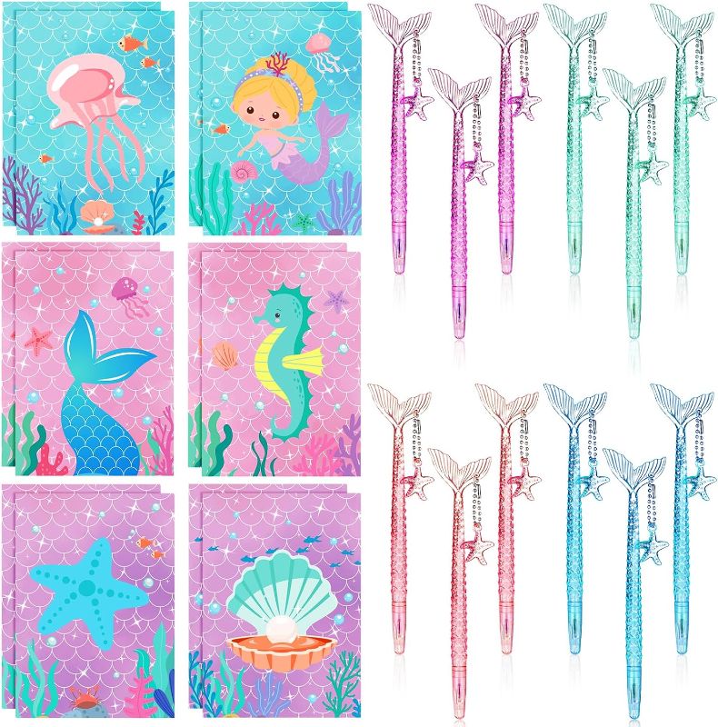 Photo 1 of Teling 24 Pcs Mermaid Pen and Notepad 5 Inches 12 Cute Notepads 12 Black Ink Pen for Birthday Decorations, Party Favors, Kids Girls School Supplies