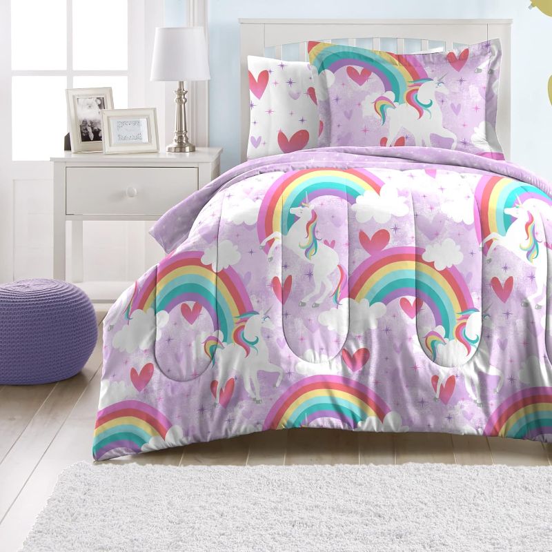 Photo 1 of dream FACTORY Kids 5-Piece Bedding, Twin, Purple Unicorn Rainbow & Factory Kids 5-Piece Complete Set Easy-Wash Super Soft Microfiber Comforter Bedding, Twin, Light Blue Mermaid Dreams Purple Unicorn Rainbow + Blue Mermaid Dreams Twin