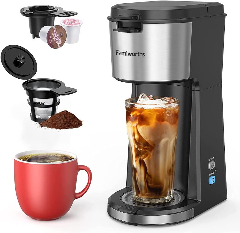 Photo 1 of Iced Coffee Maker, Hot and Cold Coffee Maker Single Serve for K Cup and Ground, with Descaling Reminder and Self Cleaning, Iced Coffee Machine for Home, Office and RV