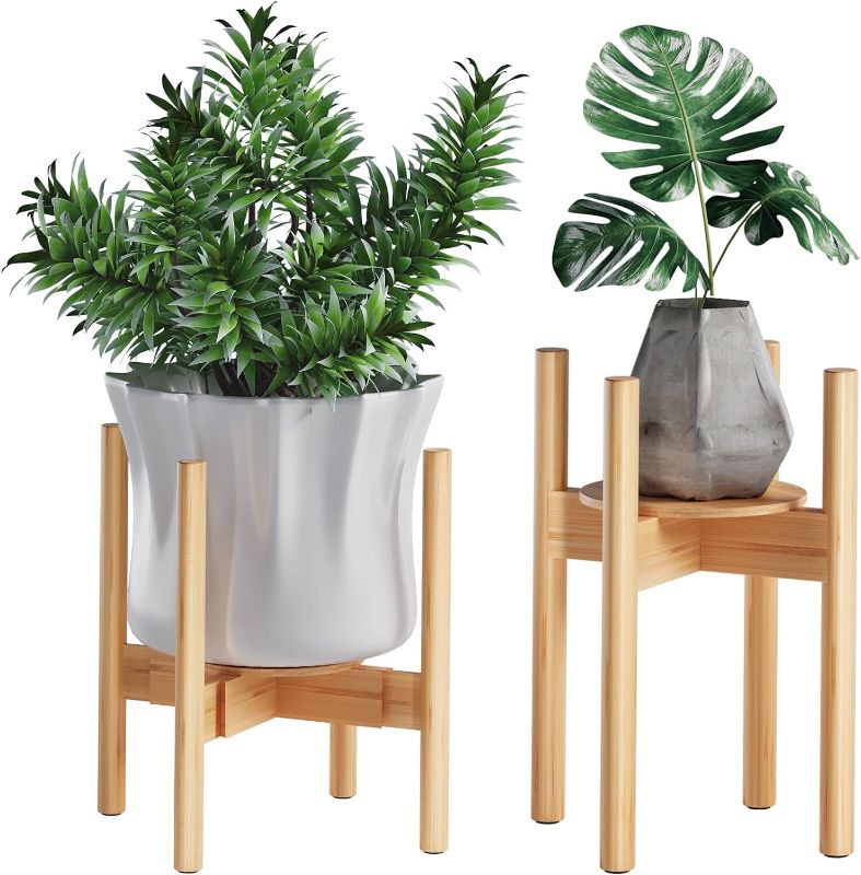 Photo 1 of Semiocthome 2 Pack Adjustable Plant Stand Indoor, Bamboo Plant Stand with Trays, Mid Century Modern Plant Stand Outdoor for 8 to 12 Inches Flower Pots