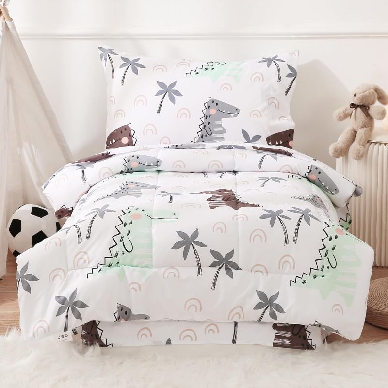 Photo 1 of JSD 4 Piece Dinosaur Toddler Bedding Set, Girls Boys Microfiber Comforter Set, Includes Flat Sheet, Fitted Sheet, Comforter, Pillowcase