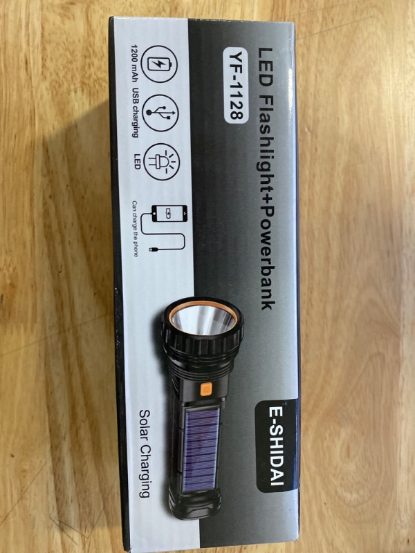 Photo 2 of Solar/Rechargeable Multi Function 1000 Lumens LED Flashlight, with Emergency Strobe Light and 1200 Mah Battery, Emergency Power Supply and USB Charging Cable, Fast Charging (1PC)