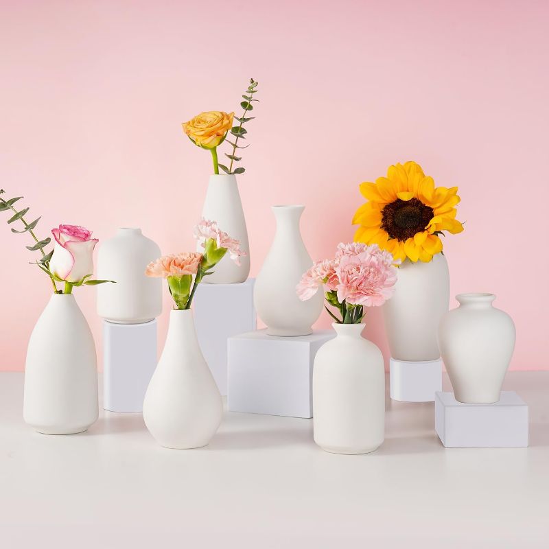 Photo 1 of 8 Pack Ceramic Bud Vase, White Ceramic Vase Modern Mini Bud Vase in Bulk for Centerpieces, Small White Vase for Flowers Pampas Grass, Wedding, Home