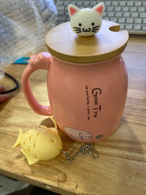 Photo 2 of BigNoseDeer Kawaii Tea Cup Gifts for Women Pink Cute Cat Mug Christmas Gifts Ceramic Coffee Mug Tea Mug Cute Stuff Cat Gifts for Cat Lovers Christmas Mugs 13oz