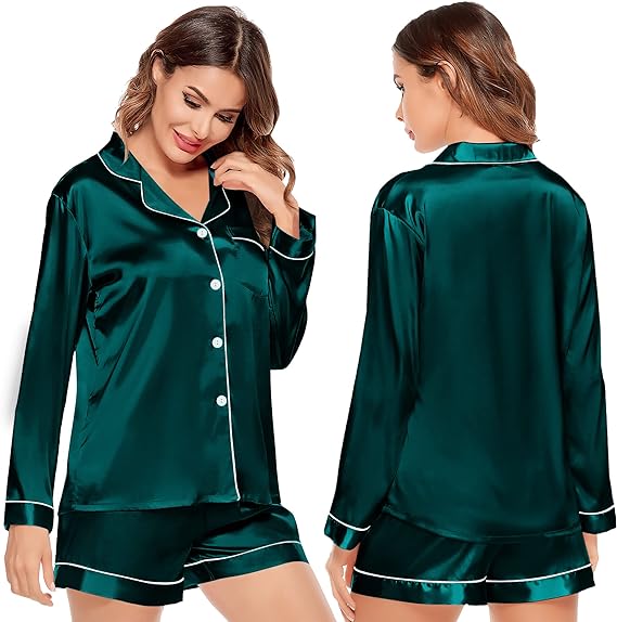 Photo 1 of SWOMOG Womens Silk Satin Pajamas Set Long Sleeve Loungewear Two-piece Sleepwear Button-Down Pj Set