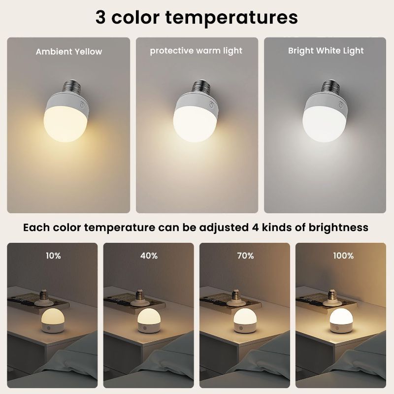 Photo 2 of SCOPOW E26 Rechargeable Light Bulbs with Remote Control Timer and 3 Color Temperature,350LM,Magnetically,Battery Operated Light Bulbs,Dimmer,for Non-Hardwired (E26, 2)