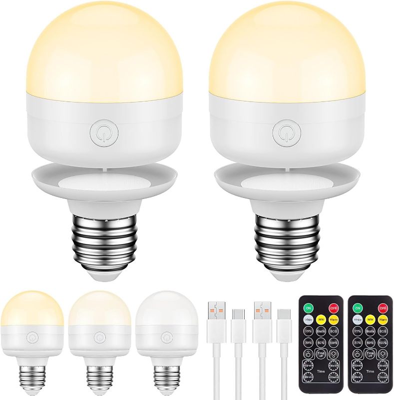 Photo 1 of SCOPOW E26 Rechargeable Light Bulbs with Remote Control Timer and 3 Color Temperature,350LM,Magnetically,Battery Operated Light Bulbs,Dimmer,for Non-Hardwired (E26, 2)