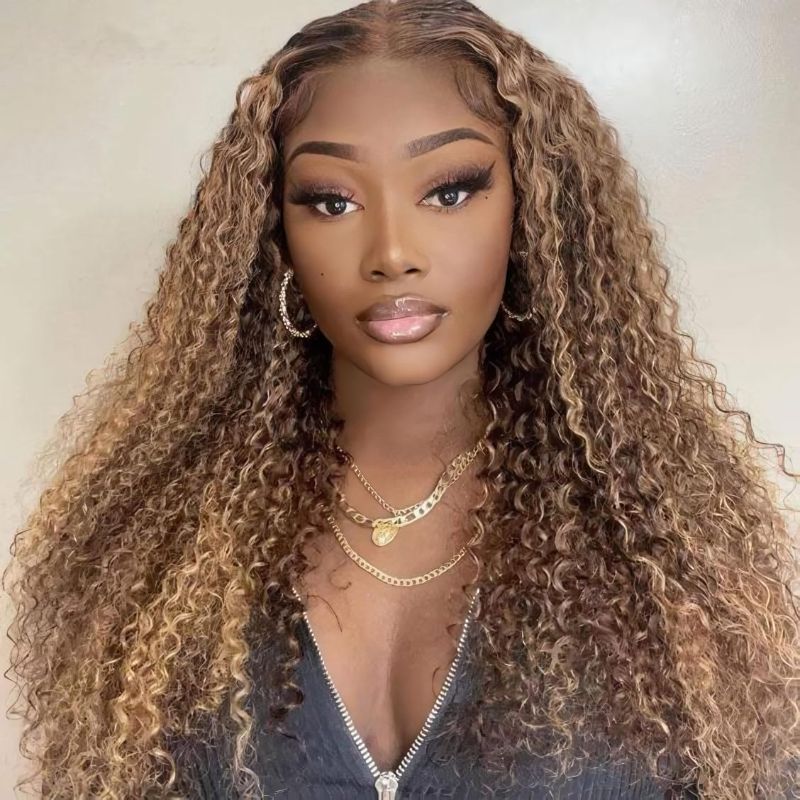 Photo 1 of Balayage Highlight Wear and Go Glueless Wig for Beginners 28 inch, Kinky Curly Glueless Wigs Human Hair Pre Plucked Pre Cut Ombre Blonde 4/27, 6x4 HD Lace Front Wig for Black Women 200% Density