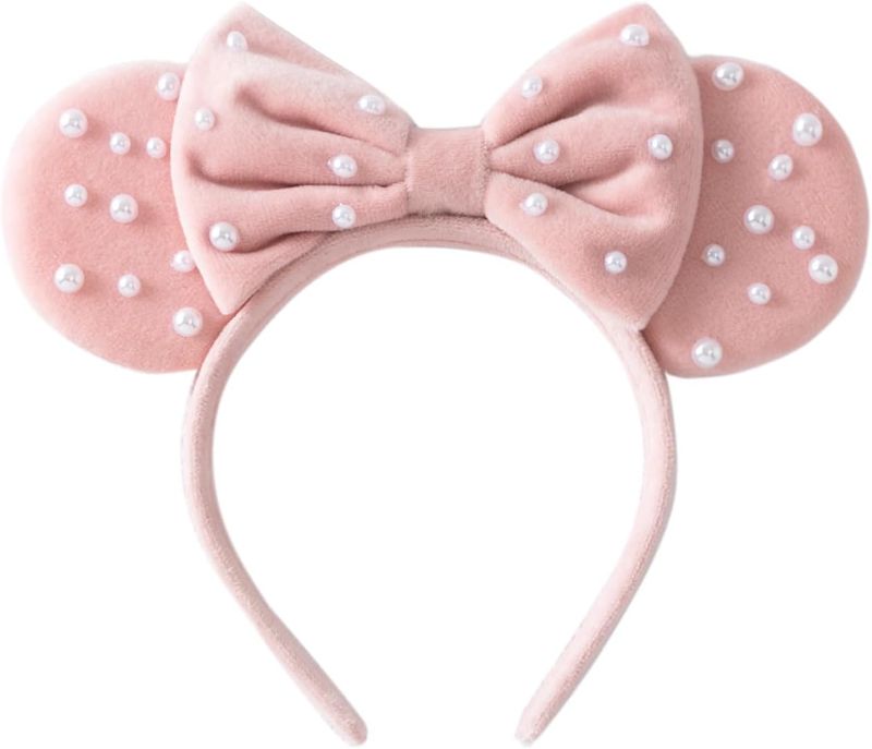 Photo 1 of Pearl Mouse Ears Bow Headbands, Sparkle Minnie Ears Headband Glitter Hair Band for Party Princess Decoration Cosplay Costume Pale Pink