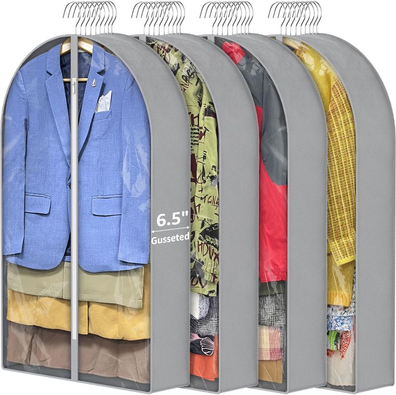 Photo 1 of LAPPR 5 Pack 40'' Garment Bags for Hanging Clothes with 6.5'' Gusseted,Clothes Bags for Storage Hanging, Clothing Bags with Zipper Protecting Travel Suit Bags