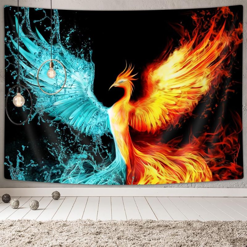 Photo 1 of Fantasy Phoenix Tapestry, Water Ice and Fire Rising Phoenix Animal Anime Tapestry Wall Hanging for Bedroom, Aesthetic Tapestry for Men Beach Blanket College Dorm Home Decor(60X40)