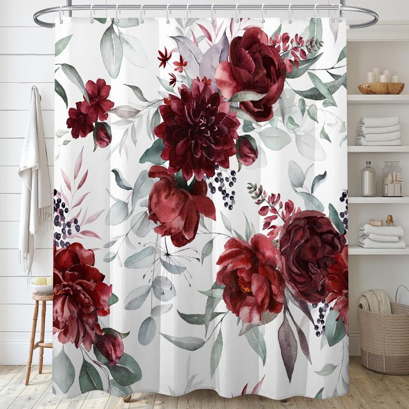 Photo 1 of Decoreagy Red Floral Shower Curtain,Sage Green Eucalyptus Leaves Bathroom Shower Curtains,Watercolor Flower Shower Curtain Sets,Modern Pretty Waterproof Fabric Bath Curtain with 12 Hooks 72x72in