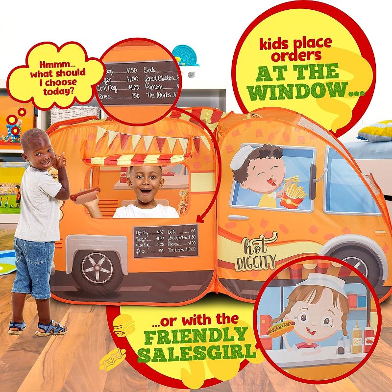 Photo 1 of Food Truck Play Tent for Kids with 54 Pc. Play Food Set, Pop Up Playhouse with Pretend Play Toy Food Set for Kids, Toddlers, Girls & Boys, Children’s Play Tent Ball Pit, Indoor & Outdoor Tent for Kids