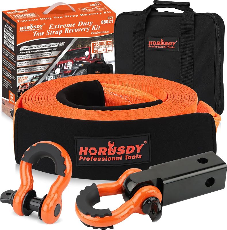 Photo 1 of HORUSDY Nylon Heavy Duty Tow Strap Recovery Strap with Hooks 3" x 30Ft - 35,000 LBS Break Strength, 2" Shackle Hitch Receiver + 3/4 D Ring Shackles (2pcs), Recover Your Vehicle Stuck in Mud/Snow.