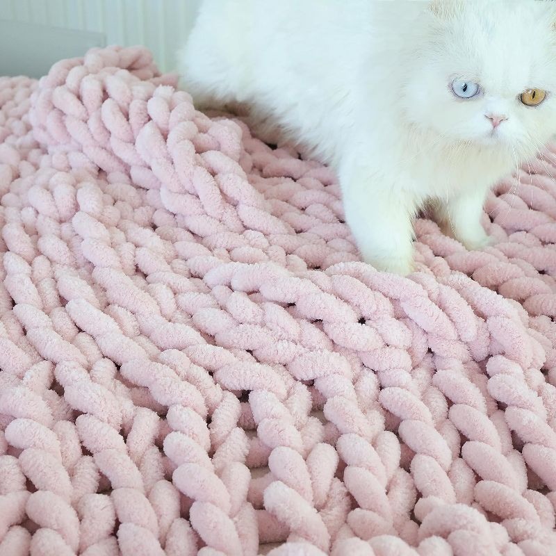 Photo 1 of Maetoow Chenille Chunky Knit Blanket Throw ?40×50 Inch?, Handmade Warm & Cozy Blanket Couch, Bed, Home Decor, Soft Breathable Fleece Banket, Christmas Thick and Giant Yarn Throws, Light Pink