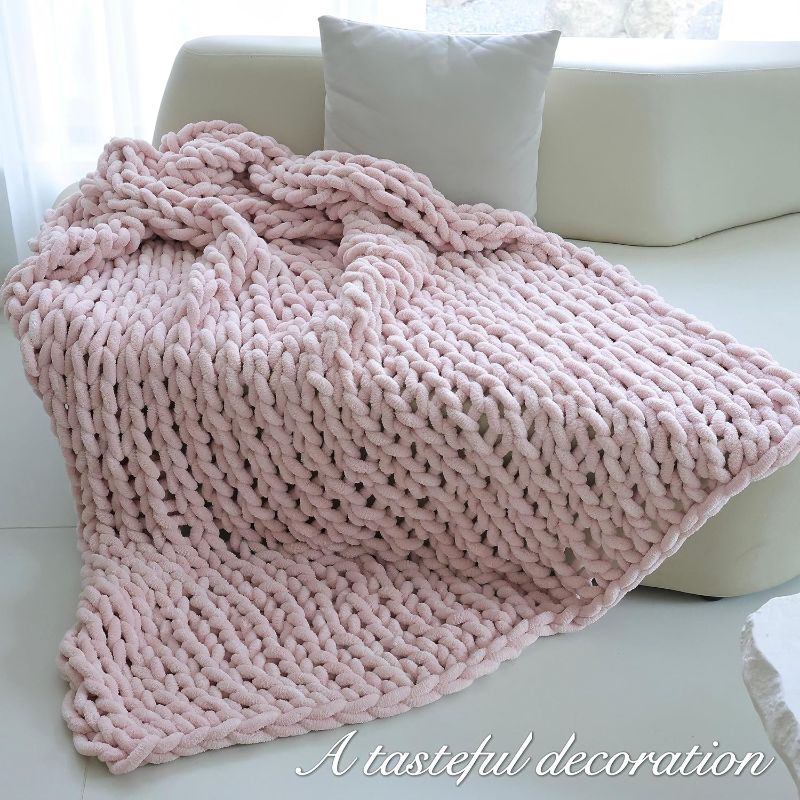 Photo 2 of Maetoow Chenille Chunky Knit Blanket Throw ?40×50 Inch?, Handmade Warm & Cozy Blanket Couch, Bed, Home Decor, Soft Breathable Fleece Banket, Christmas Thick and Giant Yarn Throws, Light Pink