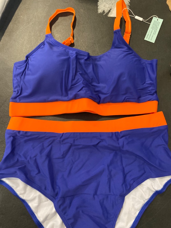 Photo 2 of Womens High Waisted Bikini Sets Sporty Crop Top Color Block Swimwear Bandeau Scoop Neck Vintage Two Piece Bathing Suits Blue Orange X-Large