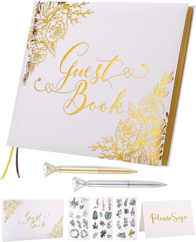 Photo 1 of Wedding Guest Book - Guest Book Wedding Reception with Pens - 9x7'' Personalized Wedding Guestbook Photo Album Sign in Book - Gold Foil Hardcover & Gilded Edges, for Weddings, Baby Shower, Party