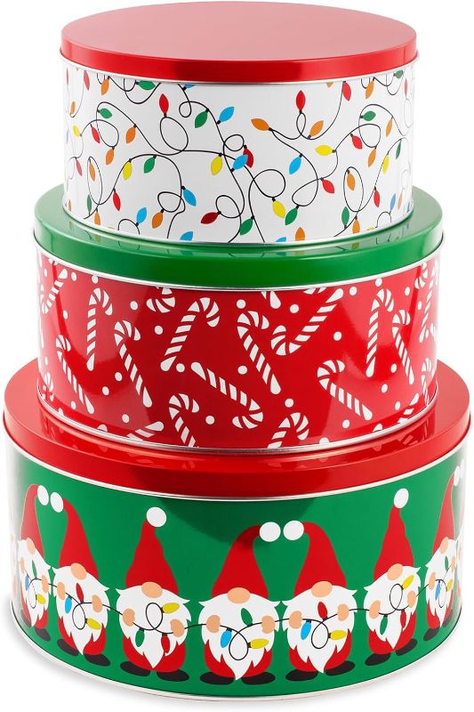 Photo 1 of Steel Mill & Co Tin Containers with Lids, 3 Pack Christmas Cookie Tins, Festive Cookie Tins for Gift Giving & Holiday Treats, Round Metal Nesting Containers, Large Medium Small (Gnome)