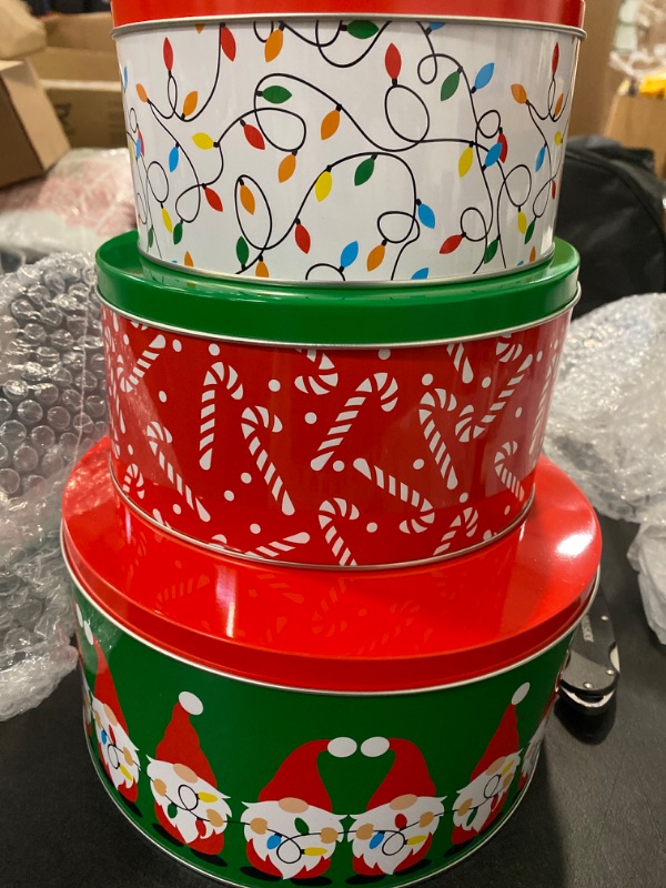 Photo 2 of Steel Mill & Co Tin Containers with Lids, 3 Pack Christmas Cookie Tins, Festive Cookie Tins for Gift Giving & Holiday Treats, Round Metal Nesting Containers, Large Medium Small (Gnome)