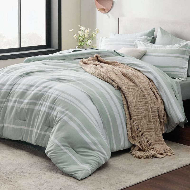 Photo 1 of BEDSURE Bed in a Bag Full Size 7-Piece Gray White Striped Bedding Comforter Sets All Season Bed Set, 2 Pillow Shams, Flat Sheet, Fitted Sheet and 2 Pillowcases Full Grey